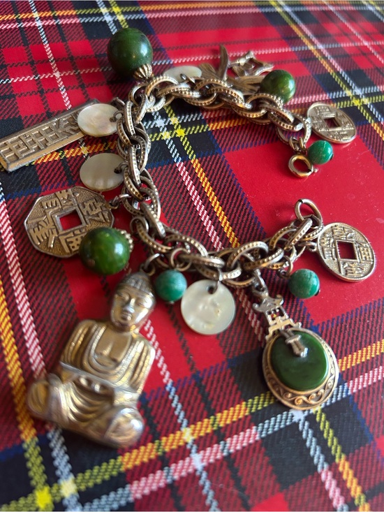 ART Jewelry - Vintage Signed ART Charm Bracelet Gold Tone Green Lucite Asian Chunky Faux Jade